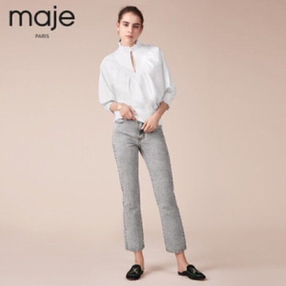 MAJE Blouse S NWT Libou Popeline Victorian Smocked Batwing Ecru White Luxury - Picture 7 of 16